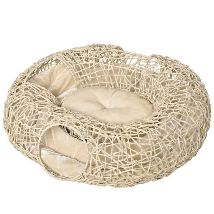 PawHut Cama para Gatos de Ratán 78x69x22 cm Cesta para Gatos Rolliza con Cojín Suave 3 Orificios de Acceso Túnel para Gatos Madera Natural - 1