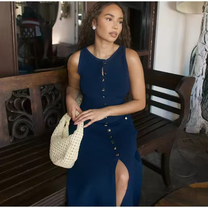 Vestido Elegante De Verano Para Mujer 2024 Largo De Pierna Con Cuello Redondo Sin Mangas Botones Estilo Bodycon Para Fiestas Y Uso Casual - 1