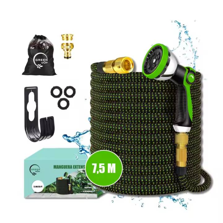 GREEN GOF Manguera de Jardín Premium 7,5m con boquilla de pulverización de 10 funciones, ligera y extensible, con conectores de latón. Alta resistencia con núcleo de látex. Se expande de 2,5 a 7,5 Metros. - 1