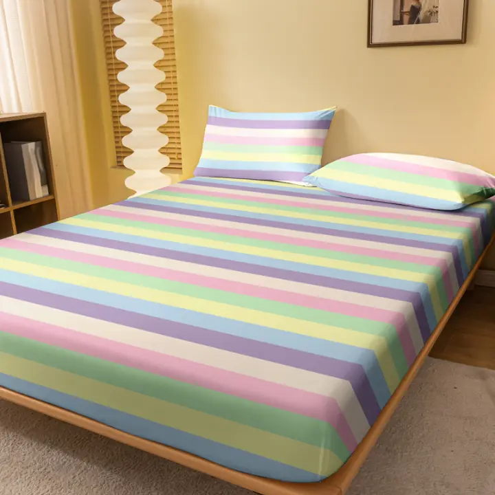 Sábana Ajustada Moderna Y Sencilla Con Estampado Geométrico Y Rayas En Acabado Mate Cobertor De Cama De Poliéster 100% Sin Fundas De Almohada - 1