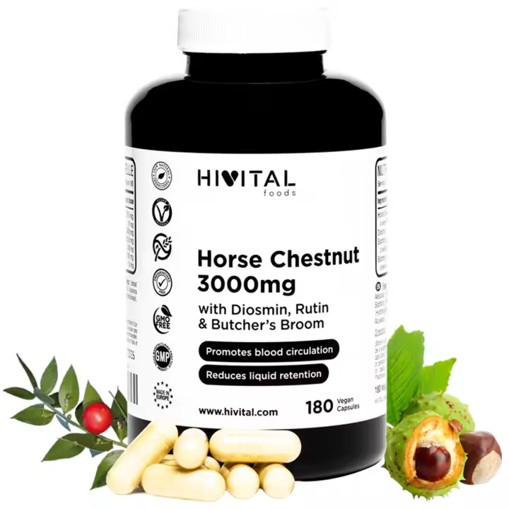 Castaño de Indias 3000 mg. 180 cápsulas veganas para 3 meses. Extracto Natural al 20% en Aescina con Diosmina, Rutina y Rusco. Para la circulación, las varices, los edemas y la retención de líquidos. Hivital - 1