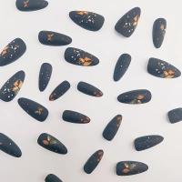 Pegatinas De Uñas Postizas Matte Negro Con Diseños De Mariposas Y Estrellas Doradas Y Naranjas 24 Piezas Almendra - details 2