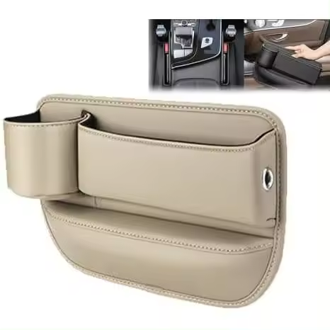 Caja de almacenamiento para asiento de coche, bolsa de cuero para portavasos, caja de almacenamiento para asiento de coche con portavasos, caja de almacenamiento para espacio de asiento (beige, asiento del pasajero) - 1