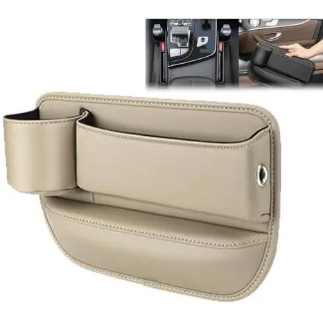 Caja de almacenamiento para asiento de coche, bolsa de cuero para portavasos, caja de almacenamiento para asiento de coche con portavasos, caja de almacenamiento para espacio de asiento (beige, asiento del pasajero) - 1