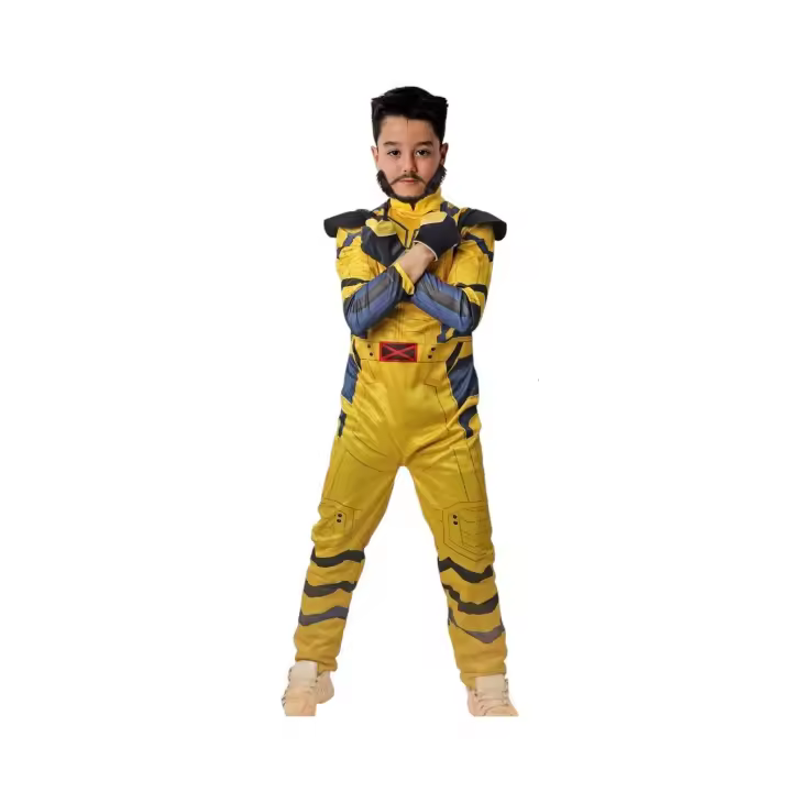 Disfraz Hombre / Niño Lobo. Amarillo. Tipo LOBEZNO. En talla única de adulto, y varias tallas de niño. El disfraz consta de:  Mono y Guantes. - 1