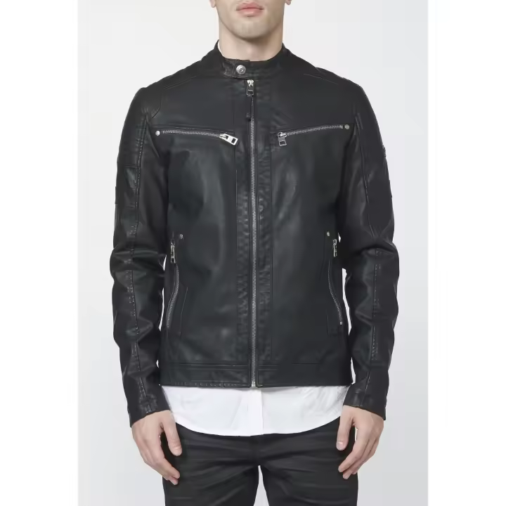 Koroshi Chaqueta cazadora cuero sintético, efecto piel de manga larga con bolsillos hombre - 1