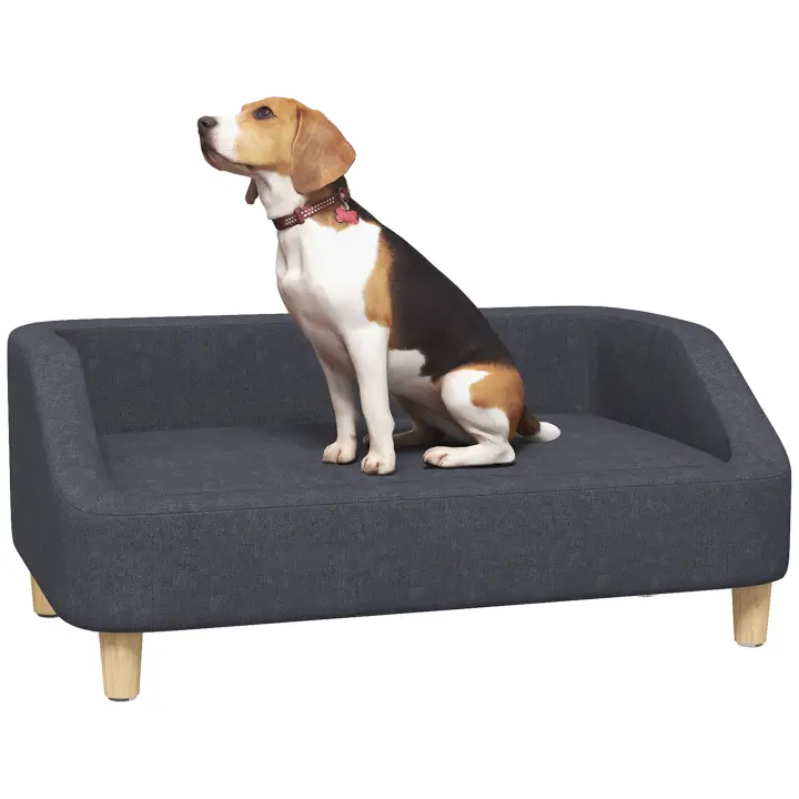 PawHut Sofá para Perros, Sofá para Mascotas, Sofá para Gatos, Cama para Perros Medianos y Grandes, Sofá para Perros con Diseño Elevado, Silla para Perros con Patas de Madera, Gris Oscuro, 95 x 63 x 39 cm - 1