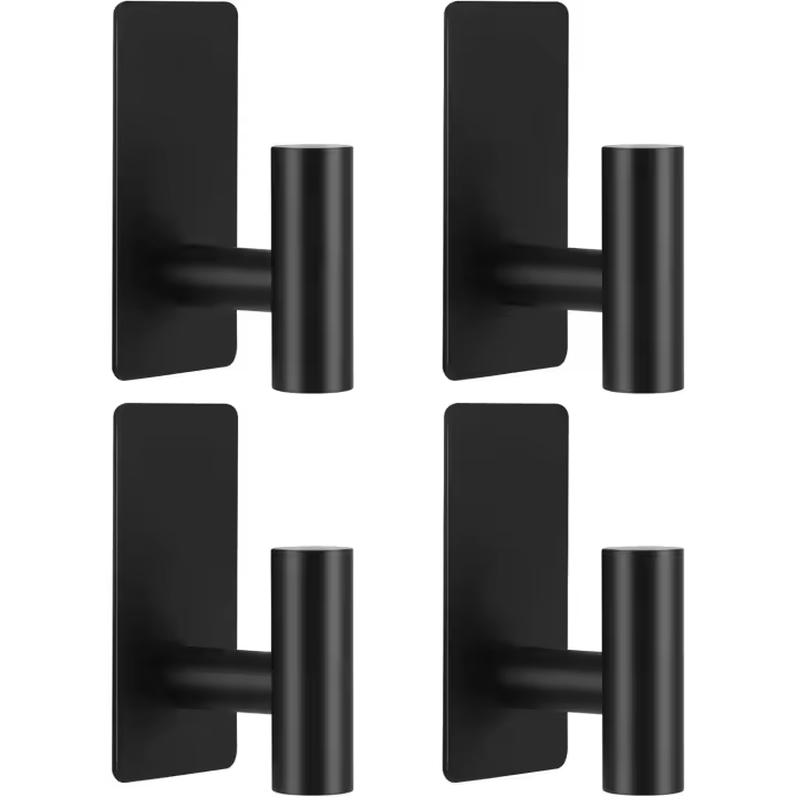 4 Pack Black Self Adhesive Heavy Duty Wall Hooks - Waterproof Stainless Steel No Drill Hooks for Towels, Coats, Clothes (Bathroom, Kitchen, Shower) - Damage-Free Adhesive Hanging Storage Holders - 1