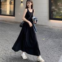 Vestido Elegante Y Sencillo De Moda Para Mujer Estilo Preppy Negro Largo Cintura Alta Sin Mangas Cuello Redondo Verano - details 2