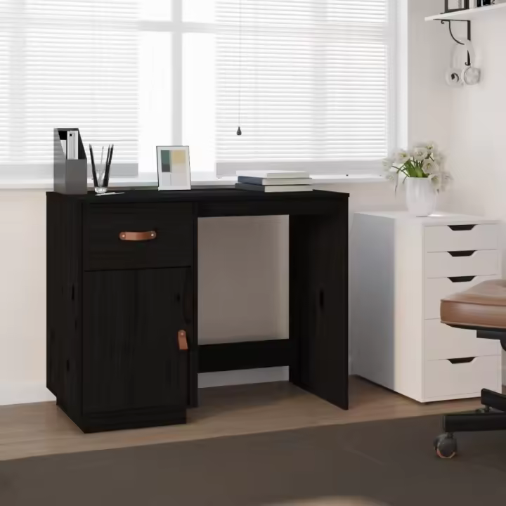 vidaXL Escritorio de madera maciza de pino 95x50x75 cm en color Negro/Natural/Marrón miel | estructura resistente ideal para salón dormitorio o estudio - 1