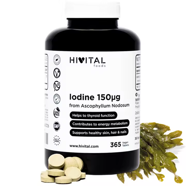 Yodo Natural 150 mcg. 365 comprimidos veganos para 1 año. Iodo procedente de Alga Kelp BIO. Para la Tiroides, Hipotiroidismo, mejorar el metabolismo energético y el cuidado de la piel, cabello y uñas. Hivital - 1