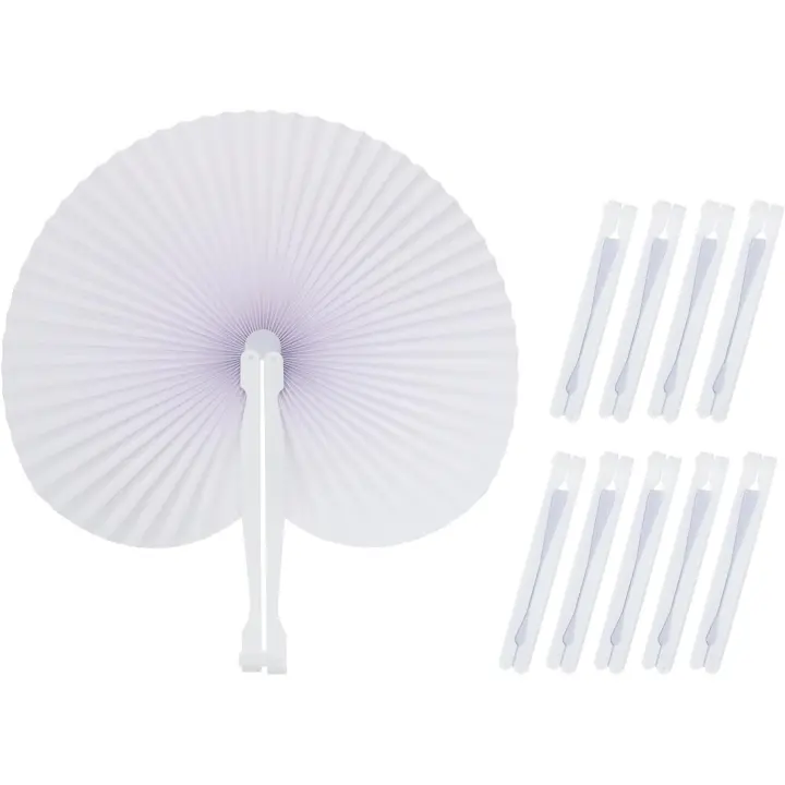 Ventiladores de papel 10 piezas ventiladores de mano plegables redondos blancos Pintura de bricolaje Ventiladores en blanco con asas de plástico para la Boda de verano Decoración de la fiesta de cumpleaños - 1