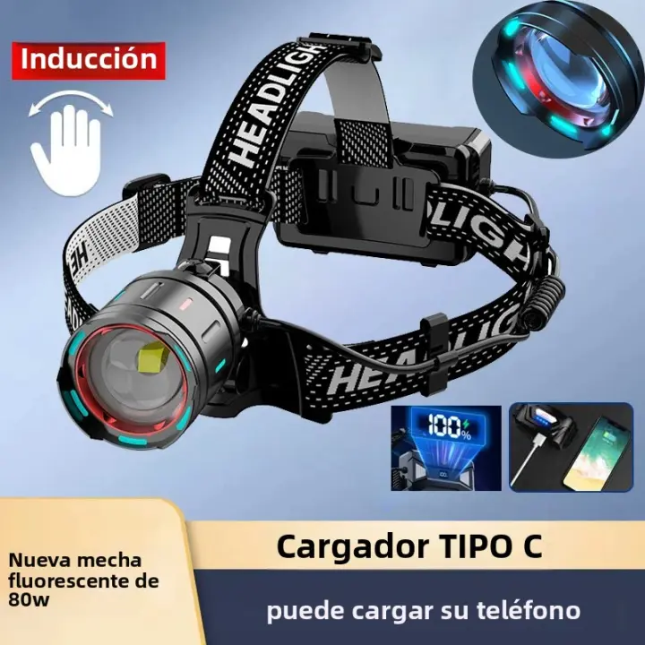 Linterna Frontal LED 10000mAh 80W Con Sensor Y Luz Fluorescente IP68 Impermeable Para Camping Caza Zoom Regulable - 1