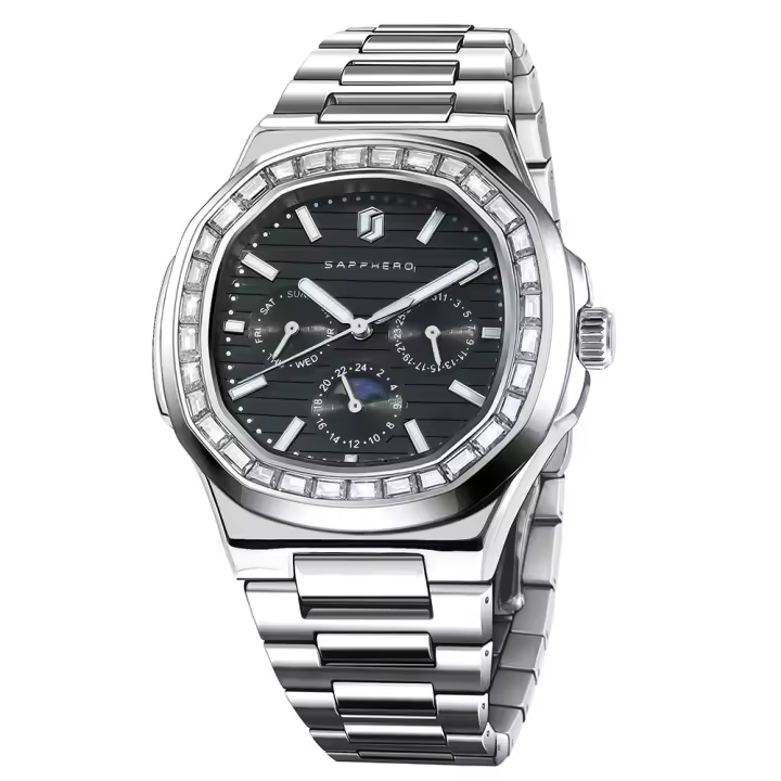 Reloj De Cuarzo Para Hombres SAPPHERO En Color Rosa Oro Resistente Al Agua Con Diamantes Reloj De Pulsera Moda Regalo Nuevo Material De Correa Acero Inoxidable - 1