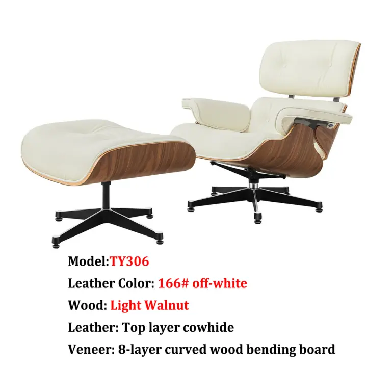 TY306 Leisure Recliner Light Walnut Armchair With Ivory White Cowhide Black Big Head Foot Swivel Deck Chair Furniture Ergonomic Design Office Lunch Break Chair Living Room Comfort Lounge Chair Genuine Top Layer Cowhide Aluminum Alloy Big Head Feet - 1