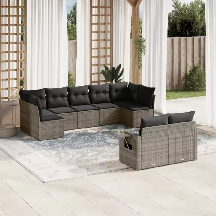 vidaXL Set de muebles de jardín 9 pzas y cojines ratán sintético gris - 1