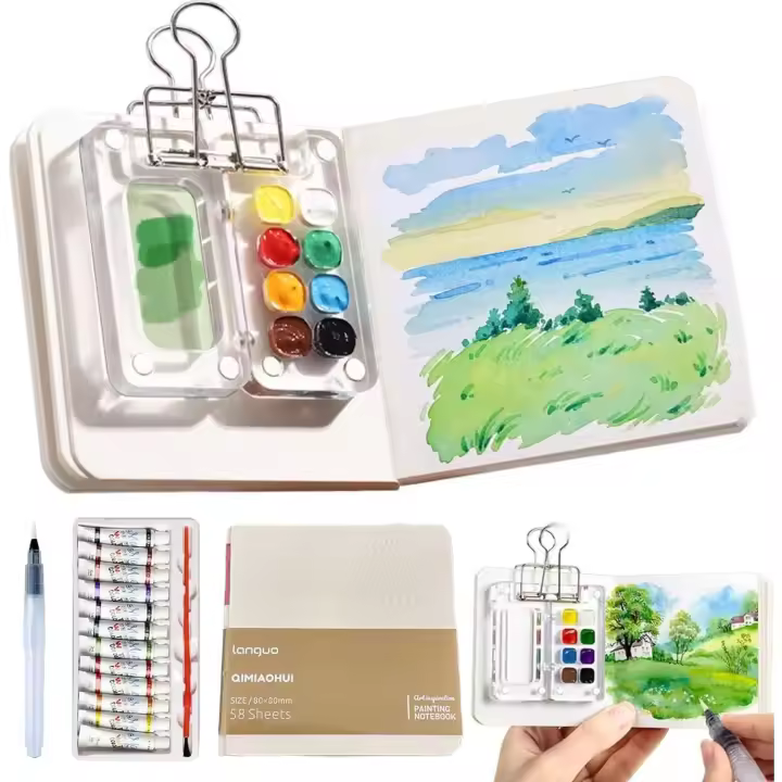 Mini juego de pintura de acuarela, kit de viaje de pintura con paleta de acuarela de bolsillo en miniatura y compacto con cuaderno de bocetos y caja de pintura acrílica de 8 cuadrículas, paquete de paleta de pintura lista para viajar - 1