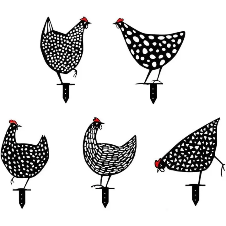 Paquete de 5 adornos de patio de gallinas realistas, adorno de silueta de patio con forma de pollo para camino de césped, acera, jardín, Metal - 1
