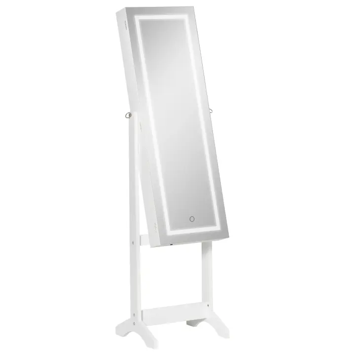 HOMCOM Espejo Joyero de Pie Armario de Joyería con Tira de Luces LED y Cerradura Magnética Organizador de Joyas con Estantes Ranuras para Anillos 46x36,5x151,5 cm Blanco - 1