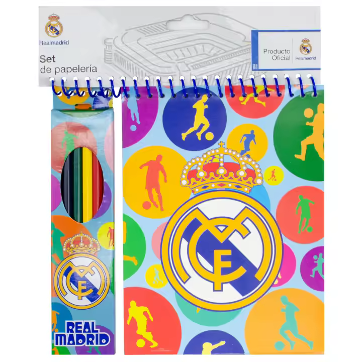Set de Papelería Oficial Real Madrid para Niños y Fans | Incluye 6 Lápices + Bloc de Dibujo | Regalo Ideal para Cumpleaños, Escuela o Colección | Diseño Exclusivo del Club Blanco | Producto Licenciado y Original - 1