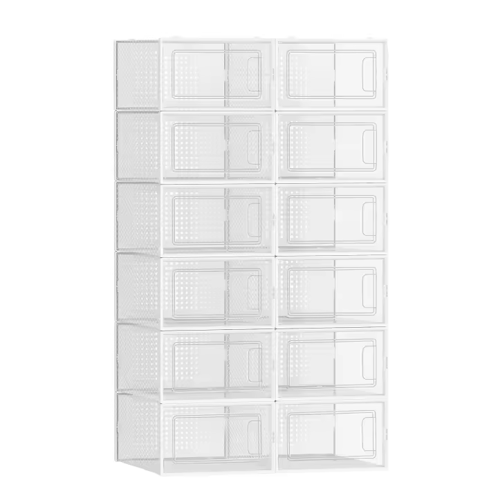 SONGMICS Cajas de Zapatos Plástico, Juego de 12 Organizadores de Almacenamiento, Caja Zapatero Plástico Plegable y Apilable para Zapatillas hasta talla 44, Transparente y Blanco/Transparente y Azul Carbón/Transparente y Verde Laurel - 1