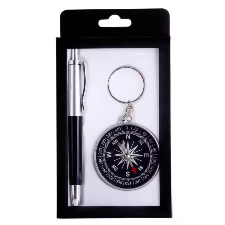 Lote 10 Bolígrafos + Brújula en Caja Pvc - Detalles Bodas Hombres - Brujula Regalo Boda - 1