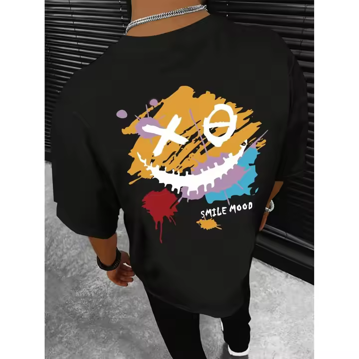 Unisex Cotton T-Shirt, Casual Crew Neck Short Sleeve Top with Slight Stretch, Summer Knit Fabric Tee with Smile Mood Print for Weekend Casual Wear - 1