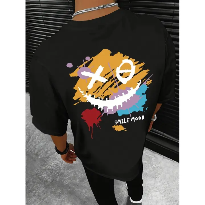 Unisex Cotton T-Shirt, Casual Crew Neck Short Sleeve Top with Slight Stretch, Summer Knit Fabric Tee with Smile Mood Print for Weekend Casual Wear - 1