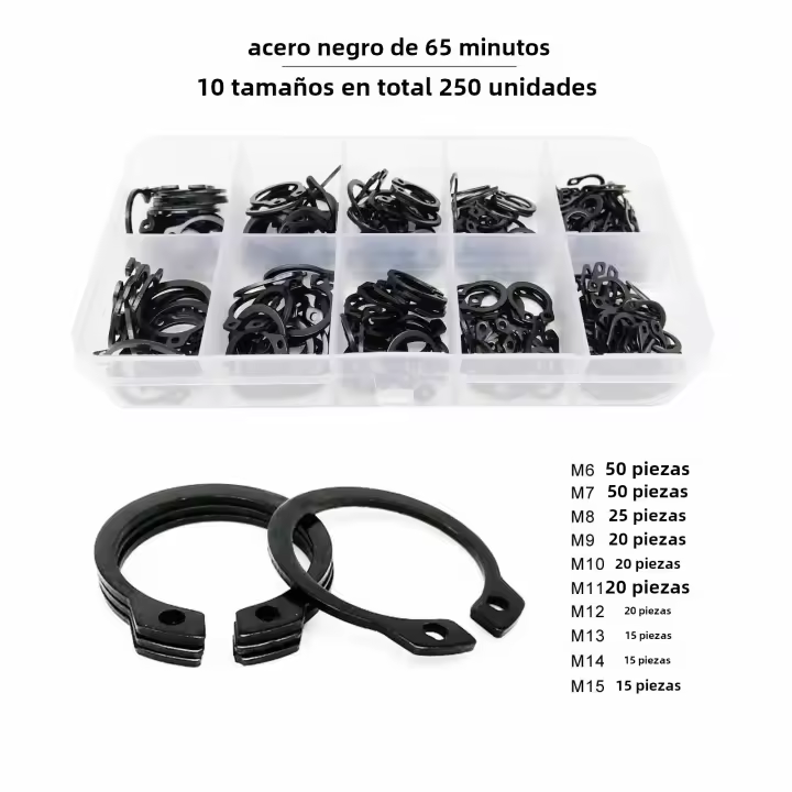 Kit De Anillos De Presión C Tipo 250pcs M6 a M15 Acero Inoxidable Negro Para Retención De Ejes Y Rodamientos - 1