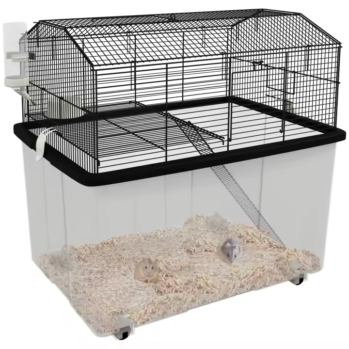 PawHut Jaula para Hámster Casa para Animales Pequeños con Fondo Profundo Plataforma Cuenco Bebedero Rampa y Ruedas 57x43x57 cm Negro - 1