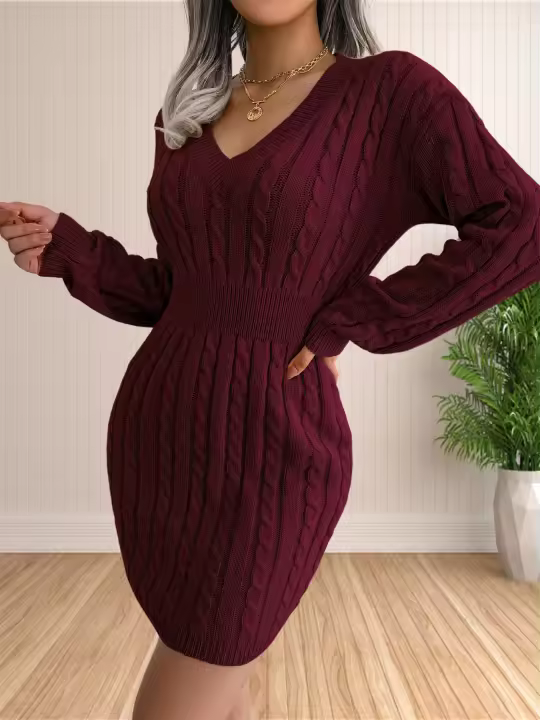 Vestido De Suéter Para Mujer Cocktail Cuello V Tejido A-Line De Manga Larga Suave Y Elástico De Lana Y Acrílico - 1