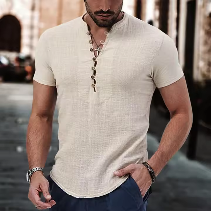 Camiseta Corta Para Hombre De Algodón Y Lino Casual Con Botones Moda Popular Camisas Para El Día De Verano Sin Cierre - 1