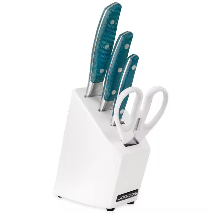 ARCOS Brooklyn - Bloque de Cuchillos (3 Cuchillos + 1 Tijeras) - Hoja de Acero Inoxidable Forjado Nitrum® - Mango de Micarta Tonos Azulados - Bloque de Caucho Color Blanco - 1