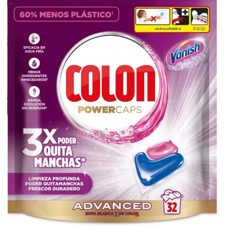 Colon Vanish Advanced Detergente para lavadora con quitamanchas, adecuado para ropa blanca y de color, Formato cápsulas - 32 Unidad - 1
