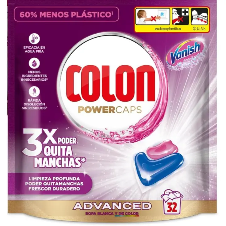 Colon Vanish Advanced Detergente para lavadora con quitamanchas, adecuado para ropa blanca y de color, Formato cápsulas - 32 Unidad - 1
