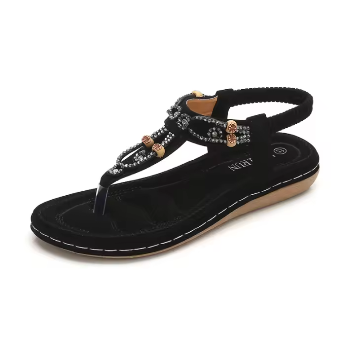 CA Sandalias de mujer de talla grande 2025 con tiras y diamantes de imitación, tacón plano y caña baja. - 1