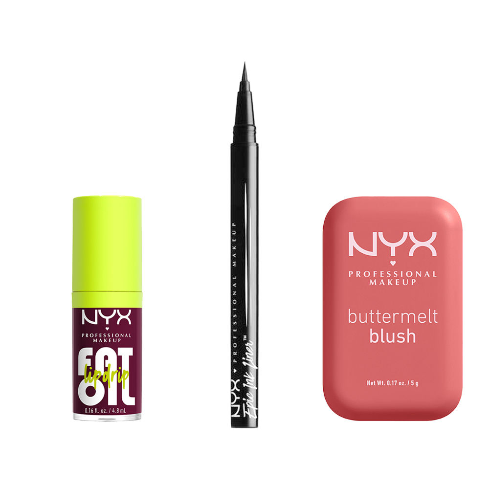 NYX Professional Makeup | Set rutina de Aceite Labial Fat Oil + Eyeliner Epic Ink Liner Black + Buttermelt Blush