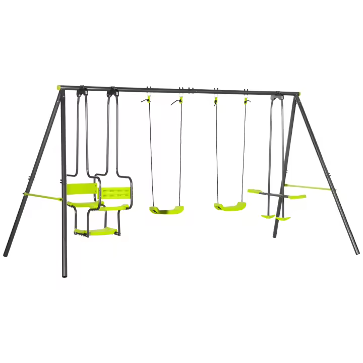 Outsunny Juego de Columpio Infantil Exterior con 2 Columpios Asientos Abatibles Balancín y Marco de Acero Columpios para Niños de 3-8 Años 355x184x186 cm Verde - 1