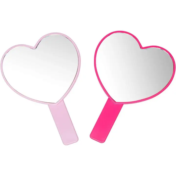 Espejo de mano para maquillaje en forma de corazón, 2 unidades, espejo de mano para viaje, espejo cosmético personal portátil con asa - 1