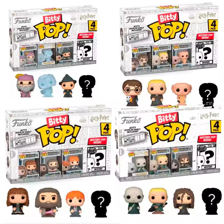 Funko Pack  16 Bitty Pop  Bittys Funko  Pop  (4 pack 4 ) Harry Potter  Hermione Granger Ron Weasley Albus Dumbledore DRaco Malfoy Dobby Bellatrix Vodemort Dobby Hagrid  Funko Pop Harry  Potter - 1