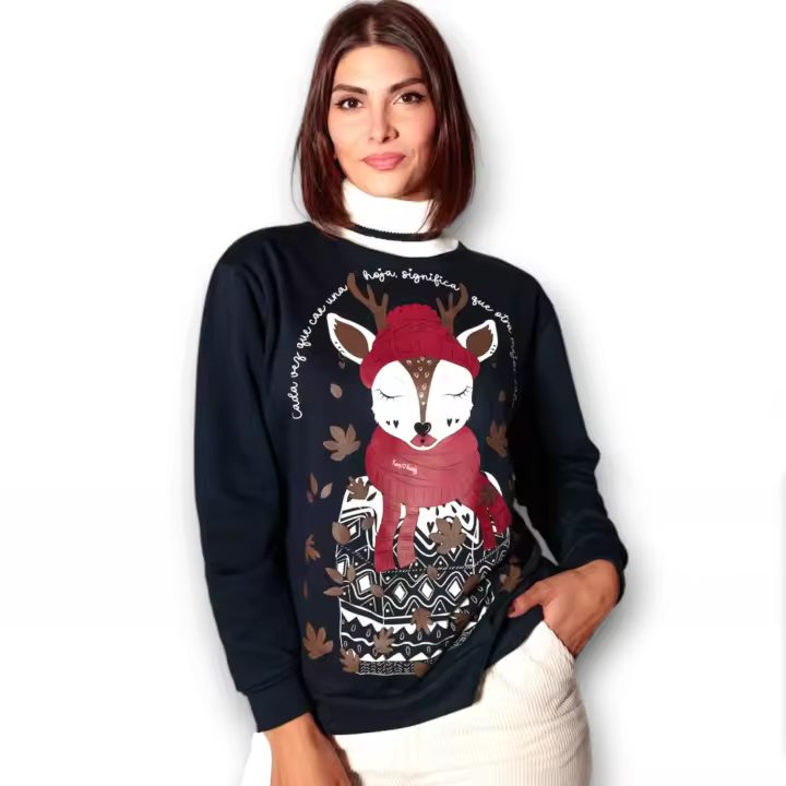 Sudadera Ciervo de Keep and Trendy, algodón con pelo, cuello vuelto, ilustración delantera. - 1