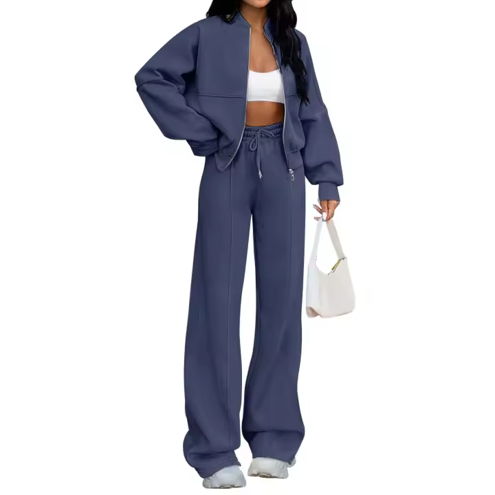 Conjunto de chándal de 2 piezas para mujer, sudadera con cremallera de manga larga, pantalones deportivos de pierna ancha, conjuntos de ropa de estar por casa - 1