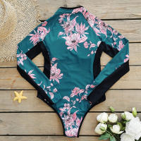 Traje De Baño De Un Pie Para Mujer 2024 Con Mangas Largas Estampado Tropical Monokini Bodysuit Deportivo Para Surf - details 5