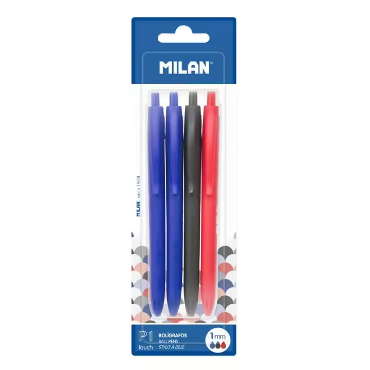 MILAN Blíster 4 Bolígrafos P1 Touch (2 azul, negro y rojo) - 1