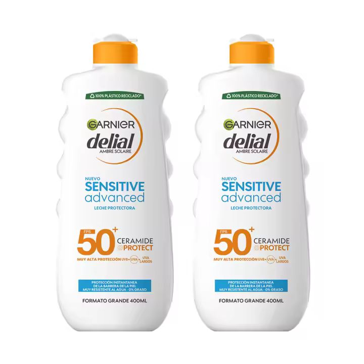 GARNIER | Delial Sensitive Advanced Leche Protectora Solar para pieles claras, sensibles e intolerantes al sol IP50+. Muy resistente al agua, 0% pegajoso, 0% graso - 2x400 ml. - 1