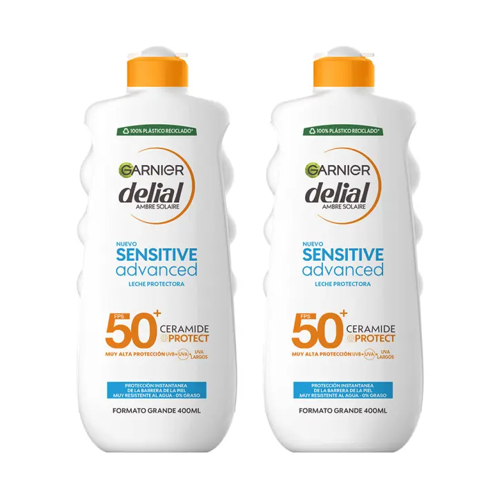 GARNIER | Delial Sensitive Advanced Leche Protectora Solar para pieles claras, sensibles e intolerantes al sol IP50+. Muy resistente al agua, 0% pegajoso, 0% graso - 2x400 ml. - 1