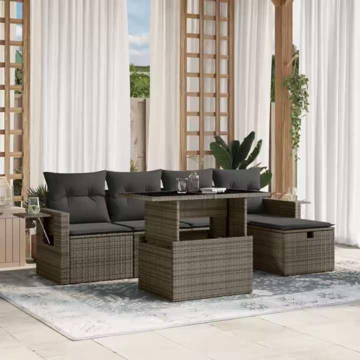 vidaXL Set de muebles de jardín 6 pzas y cojines ratán sintético gris - 1