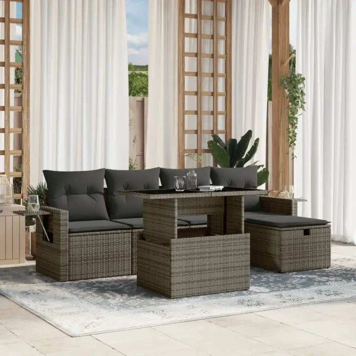 vidaXL Set de muebles de jardín 6 pzas y cojines ratán sintético gris - 1
