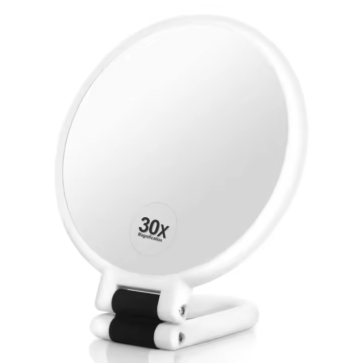 Espejo de mano, espejo de aumento de 30X con soporte, espejo de aumento de doble cara con aumento de 30X/1X, mango ajustable de 360°, espejo de maquillaje portátil de viaje, blanco - 1
