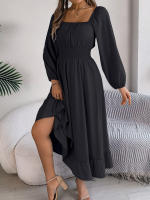 Vestido Largo Elegante De Verano Con Cuello Cuadrado Y Mangas Largas Para Damas De Honor Vestido De Mujer Con Borde Volante Y Cintura Alta - details 2